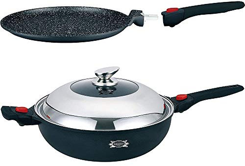 Haussmann Héritage Fonte d'aluminium Wok32cm Revêtement Type Pierre-sans PFOA Manche Amovible－Tous Feux Dont Induction－ HM-WOK1432M (Wok32cm+Crêpière28)