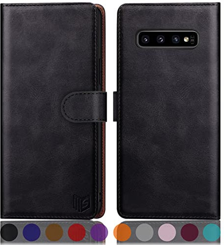 SUANPOT [RFID Schutz für Samsung Galaxy S10 plus/10+ Hülle PU Leder Handyhülle Lederhülle Klapphülle Kartenfach Flip Cover für Samsung 10+ Handy hülle Leather Wallet Phone Case Schwarz