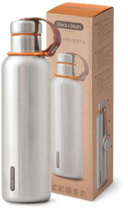 BLACK+BLUM - Water Bottle - Stainless Steel Thermal Insulated Leak Proof Travel Thermo Flask with Wide Spout and Stylish Vegan Leather Carry Loop - Keeps Hot for 12 hrs, Cold for 24 hrs,Orange - 750ml