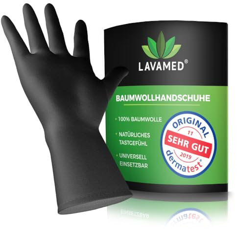 LAVAMED Dermatest: Sehr Gut Baumwollhandschuhe Schwarz als Schutzhandschuh - Baumwoll Handschuhe aus 100% reiner Baumwolle (8 Paar, L)