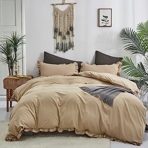 CLOTHKNOW Cal King Bettwäsche-Set mit Rüschen, champagnerfarben, 3-teilig, Beige, Boho, Khaki, Tröster, Hellbraun, weiches Taupe