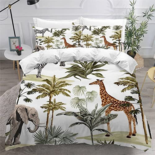 Lavnox Elefant Giraffe Kinderbettwäsche 135x200 3teilig für Jungen Mädchen Exotisch Dschungel 3D Druck Bettbezug mit Reißverschluss Sommer Weiche Mikrofaser Bettwäsche Set mit 2 Kissenbezüge 80x80 cm