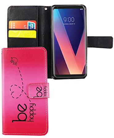 König Design Handyhülle für LG V30 Kunstlederhülle mit Kartenfächer, Schutzhülle mit Standfunktion, Klapphülle Tasche - Rosa - Be Happy