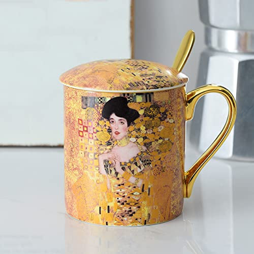 DECRZPB Tasse à café en céramique et cuillère ensemble Gustav Klimt Adele poterie tasse à café lait jus tasse assiette cadeau d'anniversaire pour le bureau et la maison