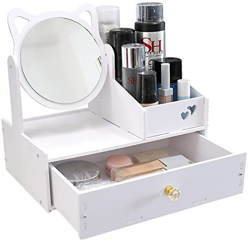 LEcylankEr Cosmetic Organizer, Schminktisch Organizer mit Spiegel, White Desktop Kosmetik Organizer, Weiß Make up Organizer mit Schublade für Kommode/Schlafzimme/Badezimmer (Runder Spiegel)