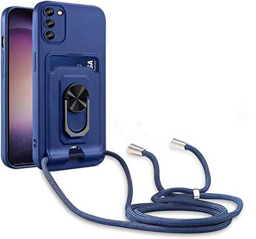 KP TECHNOLOGY Galaxy S23 Case, Galaxy S23 Crossbody Lanyard Strap Silicone Case with Card Holder, Magnetic Ring Shockproof Protective Case for Samsung Galaxy S23 (BLUE)