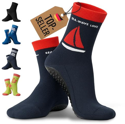 OceanSocks + EXTRA TASCHE | rutschfeste Aqua-und Beachsocken für Strand, Wasser, Wattwanderung, Boot & Boards, Damen, Herren, Kinder, Blau, Schiff, 35-38