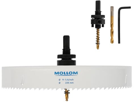 MOLLOM (235mm | 9-1/4) Scie-cloche bimétal HSS M42 avec 8% de cobalt avec 2 forets pilotes et mandrin, coupe lisse pour PVC, plaque de plâtre, bois, plastique, plaque de plâtre, caoutchouc
