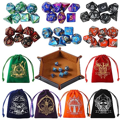 Grajar D&D - Juego de dados con bolsas de dados con patrón de personajes, juego de 42 dados poliédricos, bandeja de dados de piel sintética y terciopelo para juegos de mesa Dungeons and Dragons D&D