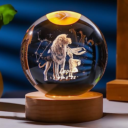 3D lasergravierte Kristallkugel 80 mm Sternzeichen-Kristallkugel mit Massivholzständer Geschenkbox Dekorative Wohnaccessoires Kreative Geschenke (Löwe)