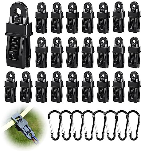 32 Pezzi Clip per Teloni Set, 24 Clip per Tende e 8 Moschettone, Ganci per Tende da Sole e Telo Ombreggiante, Accessori Camper, Campeggio