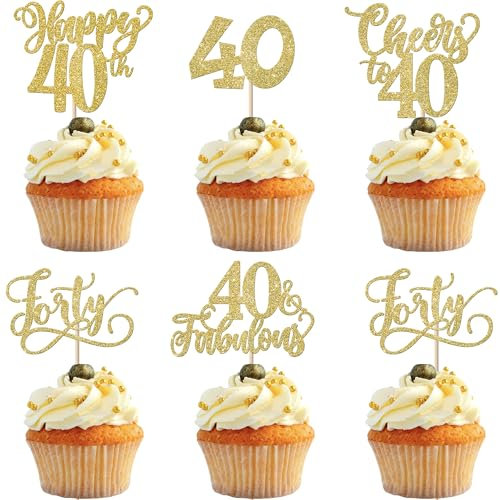 SYKYCTCY 30 Pack 40th Birthday Cupcake Toppers Glitter Forty Fabulous 40 Cheers to 40 Cupcake Picks Happy 40th Birthday Cupcake Decorations for Happy Birthday Anniversary Party Supplies Gold