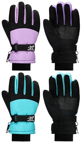 SATINIOR 2 Pair Kids Winter Gloves, Purple, Cyan, 6-10 Years, Classic