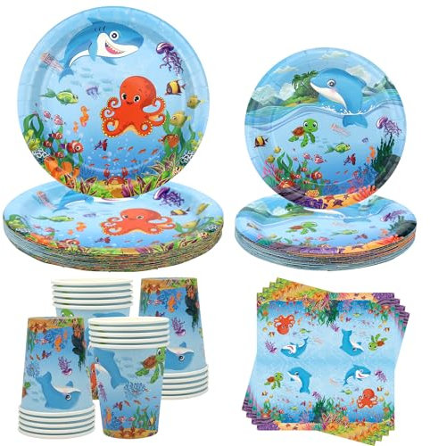 Under The Sea Party Supplies - Ocean Sea Party Tableware - Dinner Plates Desserts Plates Cups Napkins for Underwater World Birthday Party Decorations, Serves 20 (20)