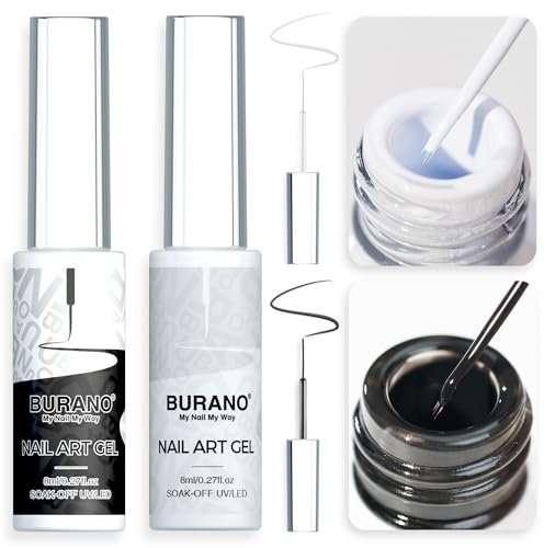 BURANO UV Nagellack, Schwarz Weiß Farben UV Lack Gel Nägel Nageldesign 2 Flasche 8ml Gel Liner Nail Art, Nagellack Gel Nail Polish French Gelnägel Farben