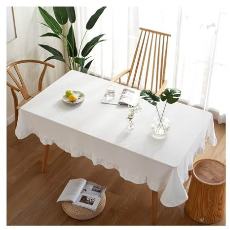 Epinki Tischtuch 140x260CM, Tischdecken Einfarbig mit Rüsche Baumwolle, Tisch Deko Fleckschutz Schmutzabweisend für Esszimmer, Garten, Party, Hochzeiten oder Haushalt, Weiß