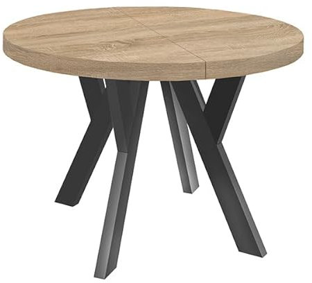 Dekori Möbel Runder Ausziehbarer Tisch für Esszimmer mit Holzbeinen, Pero, Loft-Stil, Skandinavische, Durchmesser Varianten: von 90 bis 220 cm (Eiche Sonoma/Schwarz, 120/220 cm)