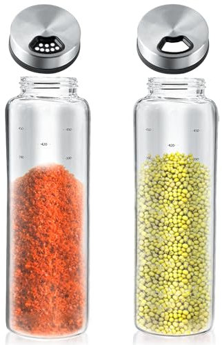 PEGRAUFC 500 ml Spice Jars with Twist Lid, Pack of 2 Borosilicate Glass Spice Shakers, Spice Shaker with 3 Types of Stainless Steel Spice Holes, Suitable for Kitchen, Dining Room, Barbecue, Outdoor