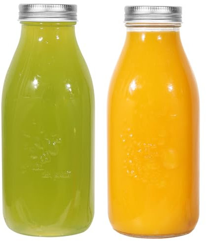 Glass Bottles with Lids, 2 Pack 1000ml Glass Milk Bottles with Metal Lids Vacuum Seal, Glass Storage Bottles Leak Proof Reusable for Preserving Milk Juice Homemade Beverage Hot Cold Drinks