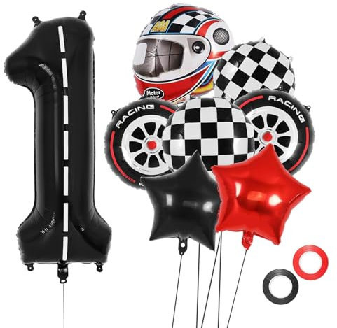 Rennauto Luftballons Geburtstag 1 Jahr Junge,Helm Racing Reifen Folien-Ballons,Latex-Ballons Kinder,Kinder Junge Karierte Kindergeburtstag Racing Themen Party Rennparty