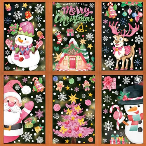 FOSDICK 6 Feuilles NoëL Autocollants Fenetre, Réutilisables Stickers Noël Fenetre PVC avec Flocons de Neige Père Noël Renne Arbre de Noël 2025 Joyeux noël Decoration Noel Stickers Fenetre Noël, Rose