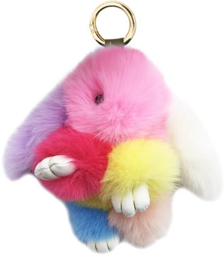 Xsclpomddy Plüsch-Häschen-Schlüsselanhänger Der Regenbogen Pom Poms Taschenanhänger Handtasche Autoschlüssel Plüsch-Pom Pom Dekoration,rainbow pink