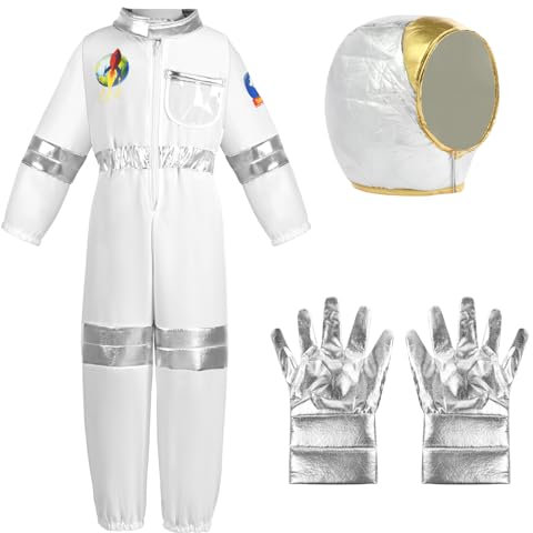 Aomig Astronaut Kostüm kinder 3Pcs Weiß Astronautenkostüm Kind Unisex Astronautenoverall Astronauten Helm Silberne Handschuhe Weltall Kostüm für Mädchen und Jungen Raumfahrer Spaceman Kostüm Outfit(S)