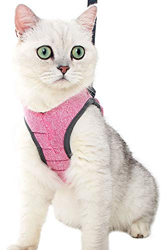 Poiinvc Ausbruchsicheres Katzengeschirr Set mit Katzenleinen, Haltbares Kitten Geschirr und Leine, Komfortabler Halsband-Geschirr-Kombination für Katzen und Kätzchen Rosa L