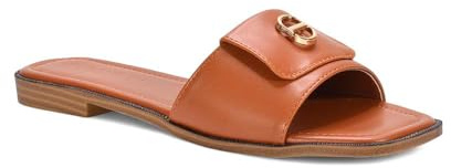 ESSEX GLAM Women's Flat Slider Ladies Flat Open Toe Foldover Buckle Detail Tan Summer Casual Comfy Slip On Mule Size 8