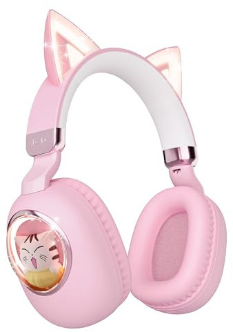 sunvito Kinder Kopfhörer Bluetooth 5.4, LED Beleuchtetes Katzenohr, Faltbarer Over-Ear Kopfhörer mit Mikrofon, 85dB Lautstärkebegrenzung, kabellos & 3,5mm kabelgebunden, für iPad/Tablet/Schule/Reisen
