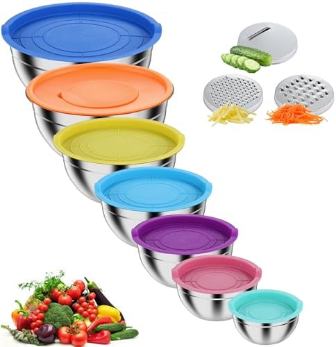 Pleafind Set di ciotole per mescolare 7 pezzi Ciotole annidabili in acciaio inossidabile con coperchi - con 3 accessori per grattugiare, capacità 4,5 QT, 4 QT, 3,5 QT, 2,1 QT, 1,5 QT, 1,1 QT, 0,7 QT
