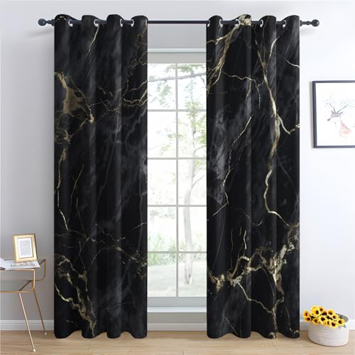 QEODAH Marmor Vorhänge Schwarz Gold Modern Abstrakt Luxus Verdunklungsvorhänge, Vorhang Blickdicht Gardinen mit Ösen, Schlafzimmer Wohnzimmer Kinderzimmer Deko, Thermovorhang 2er Set H 137 x B 117 cm