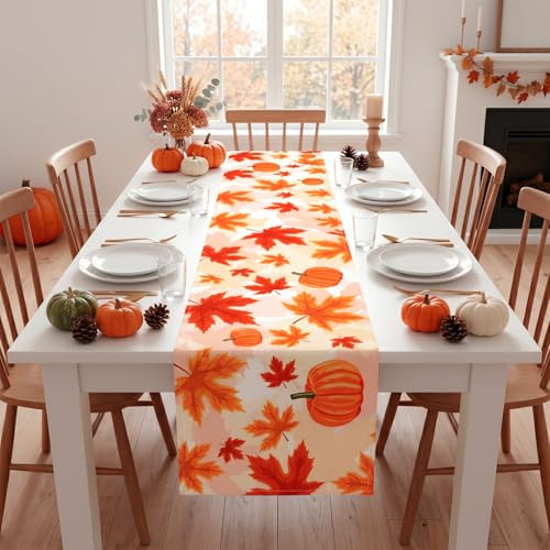 Seutgjie Herbst Tischläufer Abwaschbar Herbstdeko Tisch Innen 180x33 cm | Autumn Fall Decor Kürbis Herbstblätter Deko für Thanksgiving Erntedank Geburtstag Halloween