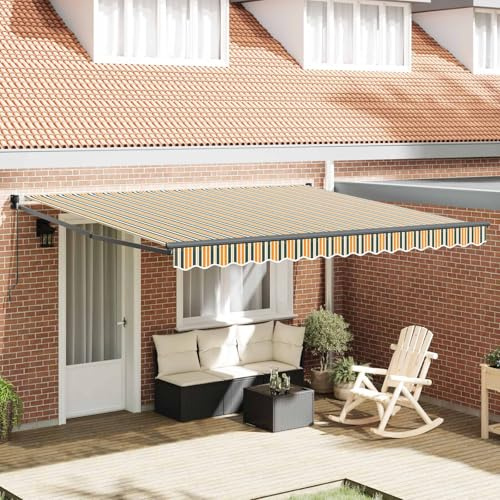 Tenda da sole motorizzata con braccio articolato, verde, bianco, 400 x 350 cm, poliestere con rivestimento in PU, montaggio a parete, manovella manuale e azionamento elettrico, acciaio verniciato a