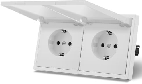 Enchufe Exterior,Enchufes pared Con Garfio,Empotrable Estándar,Tapa con Protección,Placa de Mate,Seguridad infantil,2 Enchufess con Tapa,150mm Blanco