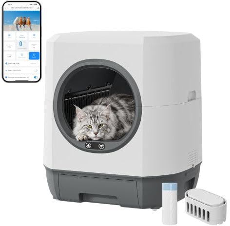 VFU Automatisches Katzenklo 90L, Katzentoilette für Mehrkatzenfamilien | Automatisches Katzenklo App-Steuerung, Geruchsbeseitigung, Mehrfachsicherheit, Großer Raum, Sicherheit, für den Innenbereich