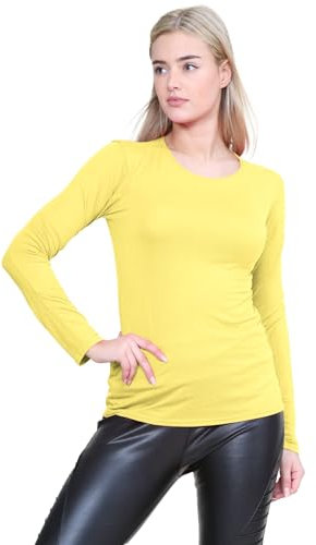 janisramone® Long Sleeve T Shirts Women, Plain Round Neck Breathable Basic Summer Tops for Women UK, Stretchy Slim Fitted Going Out Tops Yellow