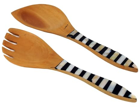 Exotisches Salatbesteck aus Holz mit Perlmutt-Einlage, 2-teiliges Set, Perlmutt/