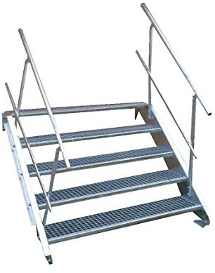 5 Stufen Stahltreppe mit beidseitigem Geländer/Breite 150cm Geschosshöhe 70-105cm / Robuste Außentreppe/Wangentreppe/Stabile Industrietreppe für den Außenbereich/Inklusive Zubehör