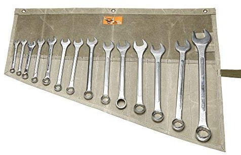 Bull Tools 16 Pocket | Hand Crafted | H.W. Two Side Wax Coated Water Proof | 24 Oz. Dyed & Sand Washed Duck Cotton Canvas | Metric or SAE | Wrench and Tools Bag Organizer Roll Up Pouch | Olive Drab