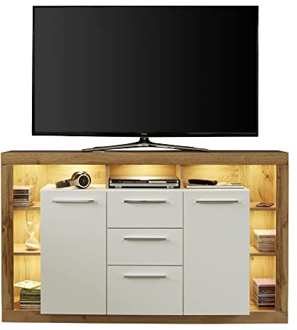 trendteam smart living - Rock - Sideboard - Eiche/Weiß Hochglanz - TV Schrank mit viel Staufläche - ohne Belechtung - (BxHxT) 150 x 90 x 40 cm - 3 Schubladen und 2 Türen - modernes Design