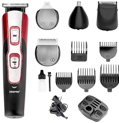 Geepas 11-in-1 Rechargeable Multi Grooming Kit – Ultimate Grooming Trimmer Set for Beard & Hair Clippers - Nose/Ear, Shaver, 4 Combs and Hair Clipper - 2 Years Warranty