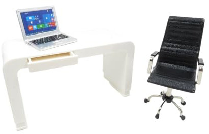 Melody Jane Puppenhaus Weiß Computer Schreibtisch & Schwarz Drehbar Stuhl Modern Büromöbel Set