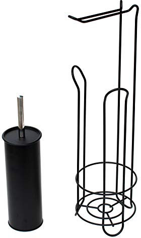 Free Standing Contemporary 2PC Toilet Roll Holder 60cm (H) & Toilet Brush 38cm (H) Bathroom Set - Study Metal Design with Matt Black Finish - Holds Upto 4 Rolls.