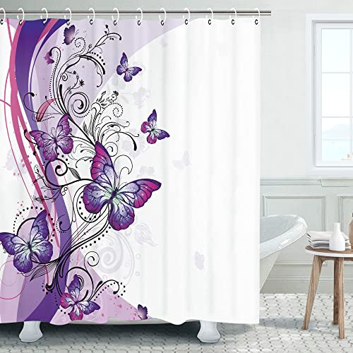 LIVILIAN Violetter Schmetterlings-Duschvorhang Mit Haken, Wirbelblumen-Design für Badezimmer, Maschinenwaschbar, Violett-Weiß, 183 x 183 cm (B x H)