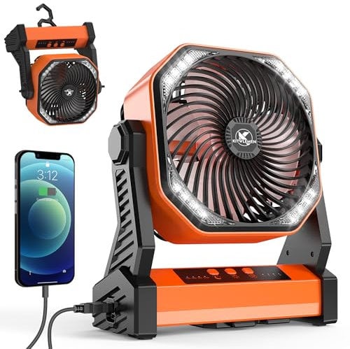 Ventilador de Acampar con Linterna LED, 20000 mAh Recargable Ventilador de Tienda con Luz+Gancho Ajuste de 270° 4 Velocidades Ventilador de Escritorio USB Personal para Acampar Pesca Corte de Energía