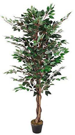 Künstliche Pflanze Ficus Holzstamm Blatt aus Stoff Blumentopf Kunststoff schwarz Dekobaum (160cm 1008 Blätter Form 2)