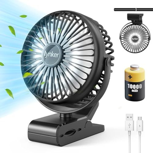 lynker Mini USB Clip Ventilator 10000 mAh, 12-40h, 3-IN-1 Clip Fan Tischventilator Hängender Ventilator mit LED-Licht, Leise Camping Ventilator, 360° Drehung, 3 Geschwindigkeiten für Büro, Ausflüge