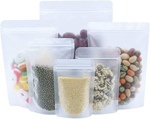 WACCOMT Pack 100pcs 9x13cm (3.5x5.1 inch) Resealable Stand Up Food Bags Matte Clear Zipper Lock Sample Bags 3.94mil Thick Frosted Food Pouches Plastic Bag Doypack for Zip Food Storage Lock Packing