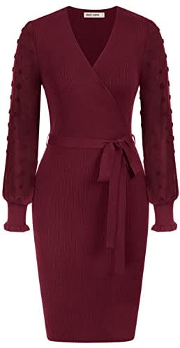 GRACE KARIN Women Sexy Bodycon Pencil Dress Fashion Long Sleeve Dress Vintage 50s Black Xmas Dresses for Ladies Wine S